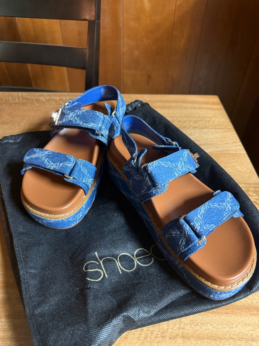 Shoe Dazzle Blue Denim-Style Platform Double-Strap Sandals